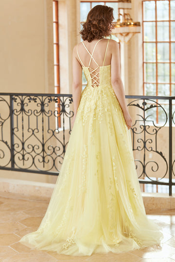 Gorgeous A Line Spaghetti Straps Yellow Long Ball Dress with Appliques